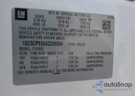 2010 Chevrolet Silverado 1500 Work Truck z USA, uszkodzony, nr VIN 1GCSCPE02AZ299084